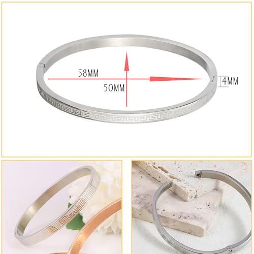 4/6/8MM Greek Key Meander Bracelet Oval Stainless Steel Bangle Cuff Gifts for Women Men - color: Silver, size: 4mm