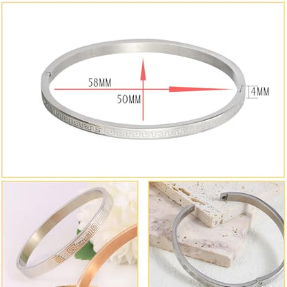 4/6/8MM Greek Key Meander Bracelet Oval Stainless Steel Bangle Cuff Gifts for Women Men - color: Silver, size: 4mm
