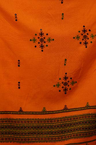 Exotic India Shawl from Kutch with Embroidered Bootis and Mirrors - Wool - color: Orange Ochre