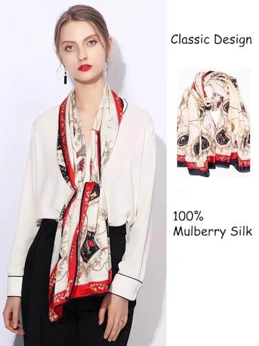 100% Mulberry Silk Long Scarf for Women Large Shawls for Headscarf and Neck- Oblong Hair Wraps with Gift Packed - color: 1-red&navy-carriage