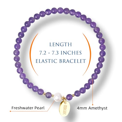 Morchic 4mm Natural Gemstone Beads Stretch Bracelet for Women, With Freshwater Pearls, Energy Gem Birthday Gift for Her 7.2” - color: Amethyst