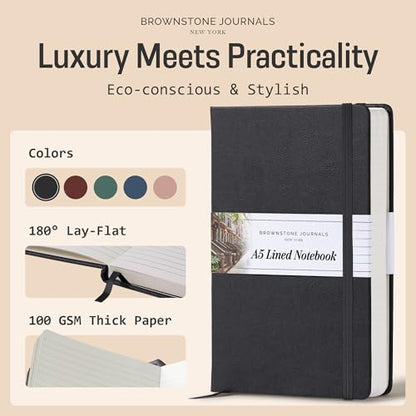 BROWNSTONE JOURNALS A5 Hardcover Lined Journal 5"x8" - Notebook for Work & Writing, 160 Pages Thick 100 GSM Paper, Lay Flat Binding, Elastic Band, Ribbon Bookmark (Charcoal Black) - color: Charcoal Black