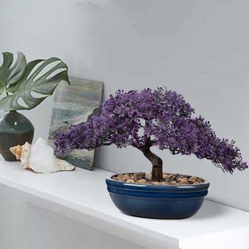 Artificial Bonsai Tree Juniper Faux Plants Indoor Fake Plants Decor with Blue Ceramic Pots for Home Table Office Desk Bathroom Shelf Bedroom Living Room Farmhouse Decorations - style: 9" Purple Ficus