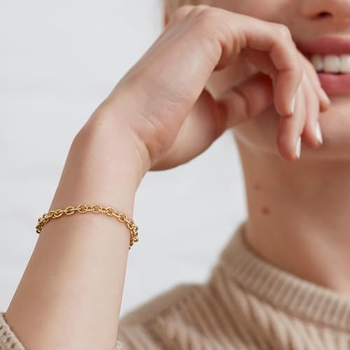 WEARON Gold Bracelet for Women 14K Gold Plated Snake Herringbone Figaro Cuban Bead Paperclip Cable Box Chain Simple Jewelry - style: Moire Chain