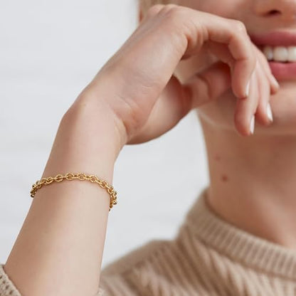 WEARON Gold Bracelet for Women 14K Gold Plated Snake Herringbone Figaro Cuban Bead Paperclip Cable Box Chain Simple Jewelry - style: Moire Chain