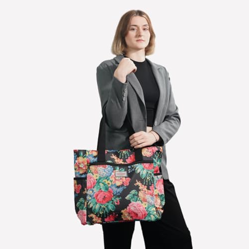 GAENMESN Women's Lightweight Waterproof Tote Bag Durable Designer Handbag with Zipper Travel Commute Everyday Use - color: Black Flower