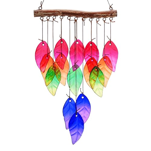 Glass Wind Chimes Suncatcher for Outside,23" Colorful Glass Leaf Wind Chimes Outdoor,Crystal Hanging Wind Chime for Home,Garden,Patio and Yard Decor - color: Rose Red