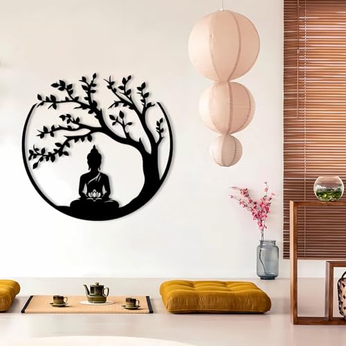 Idadey Tree of Life and Buddha Metal Wall Decor, Meditation Hindu Wall Decor, Zen Metal Wall Art, Yoga Studio & Spiritual Spaces (Black, 28"x28") - color: Black, size: 28"L x 28"W