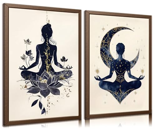 2Pcs Celestial Yoga Lotus Moon Canvas Wall Art Zen Meditation Reiki Starry Wall Decor Pictures Modern Boho Spiritual Art Style Suitable Posters Prints for Yoga Meditation Room Bedroom Home Decoration - color: posters, size: 12"L x 16"W
