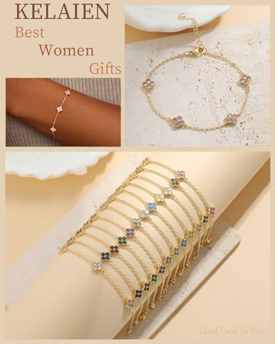 Birthstone Gold Clover Bracelet Dainty 14K Gold Plated Cute Friendship Stackable Bracelets for Women No Tarnish Trendy Charm Best Friend Bracelet Stack for Birthday Jewelry - color: 10. October(Tourmaline)