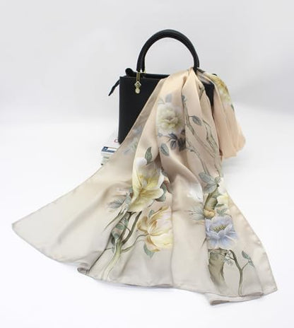 100% Mulberry Silk Long Scarf for Women Large Shawls for Headscarf and Neck- Oblong Hair Wraps with Gift Packed - color: Floral-pale Yellow