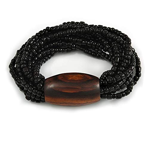 Avalaya Multistrand Black Glass Bead with Brown Wooden Bead Flex Bracelet - Medium