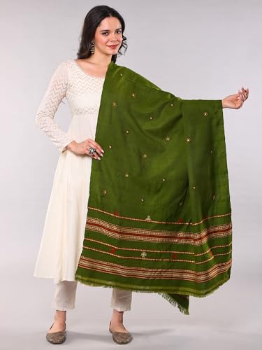 Exotic India Shawl from Kutch with Embroidered Mirrors - Pure Wool - color: Cedar Green