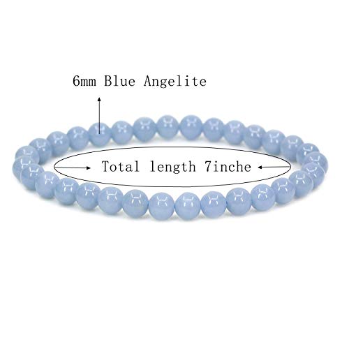 Angelstones Handmade Natural Healing Gemstone 6mm Round Beads Stretch Crystal Bracelet 7 Inch Unisex - color: Blue Angelite