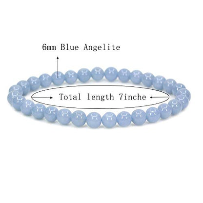 Angelstones Handmade Natural Healing Gemstone 6mm Round Beads Stretch Crystal Bracelet 7 Inch Unisex - color: Blue Angelite