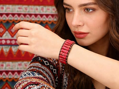 Inspirational Gifts Healing Bracelets for Women，Get Well Soon Encouragement Gifts for Women Friends Sister Mom，Handmade Natural Stone Healing boho Friendship Jewelry for women - color: Red - Black Leather