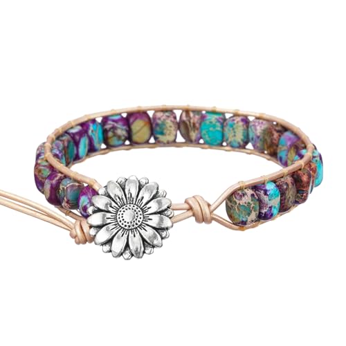 Women Boho Handmade Natural Stone Crystal Leather Bead Wrap Bracelets Collection - style: Purple Blue Jasper 1W