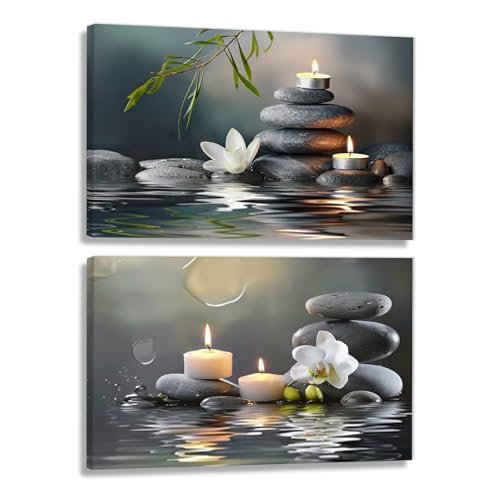 Zen Wall Art 2 Piece White Orchid Flower Picture Print Candles With Massage Stones Painting Framed Artwork for Living Room Yoga Spa Room Decor(Artwork-2,24"x32"x2pcs) - color: Artwork-2, size: 24"x32"x2pcs