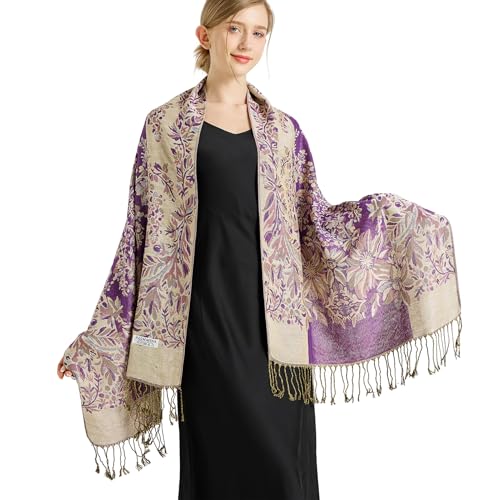 Silky Paisley Pashmina Shawl Scarf-Women's Soft Double-side Jacquard Pashminas Wrap for Evening Dress Travel Shawl - color: B-purple/Beige