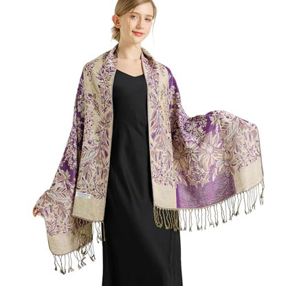 Silky Paisley Pashmina Shawl Scarf-Women's Soft Double-side Jacquard Pashminas Wrap for Evening Dress Travel Shawl - color: B-purple/Beige