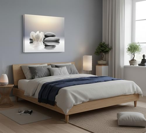 Zen Canvas Wall Art white Lotus Flowers and Black Massage Stones Spa Picture Wall Decor Poster Print Suitable for Yoga Meditation Room Bathroom Bedroom Study Home Decoration - size: 24"L x 16"W
