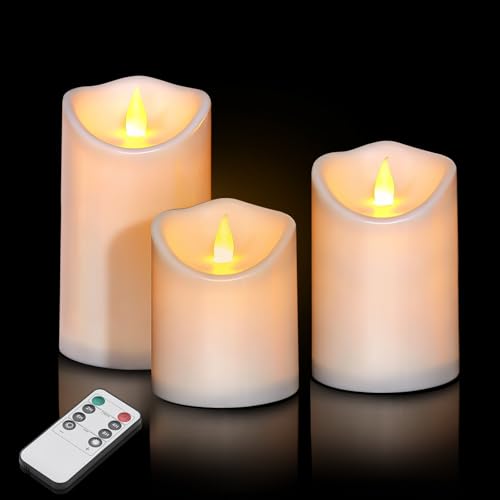 Flameless Candles 4" 5" 6" Outdoor Indoor Pillars Battery Operated Flickering Candles Include 10-Key Remote Timer 400+ Hours by 2 AA Batteries (White Candle - Warm light, 3"D x 4"|5"|6" H - 3 Pack) - color: White Candle - Warm light, size: 3"D x 4"|5"|6"