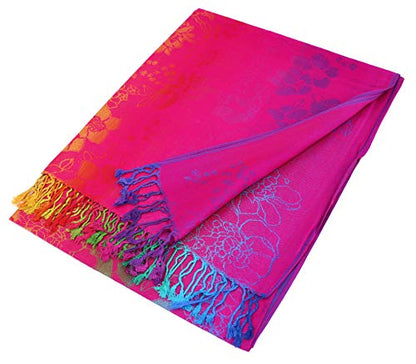 PASKMLNA Double Side Multi Colors Silky Tropical Colorful Exotic Pashmina Wrap Shawl Scarf Rave - color: 051-hotpink Multi Feathers