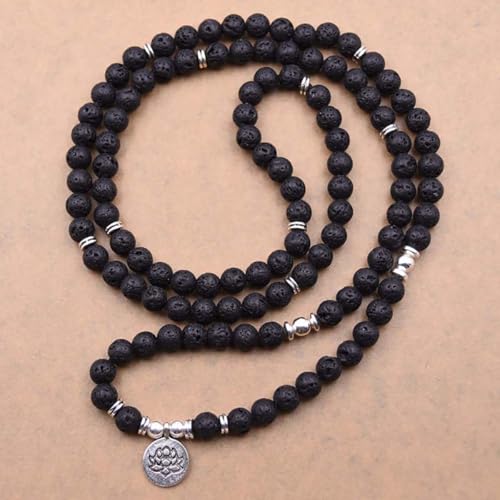 108 Mala Beads Bracelet Necklace - Gemstone Prayer Beads with Lotus Charm for Meditation & Yoga - style: Lava Stone