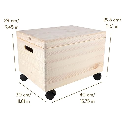 Creative Deco XXL Large Plain Wooden Box Storage with Hinged Lid & Wheels | 15.8x11.8x9.44 inches (+-0.5) | Handles | Unpainted Gift Tool Dog Toy Clothes Kitchen Storage | Rough UNSANDED