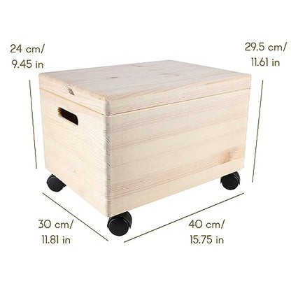 Creative Deco XXL Large Plain Wooden Box Storage with Hinged Lid & Wheels | 15.8x11.8x9.44 inches (+-0.5) | Handles | Unpainted Gift Tool Dog Toy Clothes Kitchen Storage | Rough UNSANDED