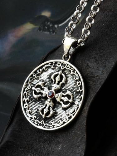 Handmade Sterling Silver plated lucky animals pendant necklace Good luck elephant/Lucky Fox/Good wealth Pixiu/Family Tree/Sun/Buddhism cross/Maitreya Buddha/Phoenix jewelry gifts for women men - color: Buddhism cross