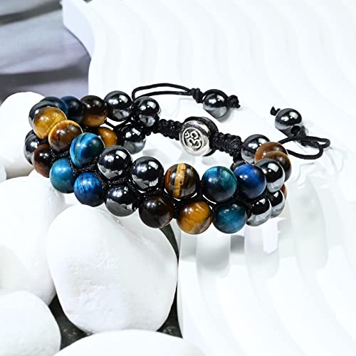 Triple Protection Bracelet Natural Black Obsidian Tigers Eye Hematite Beads Crystal Bracelet Healing Bracelets for Men Women Bring Prosperity Luck and Health - color: Yellow Blue