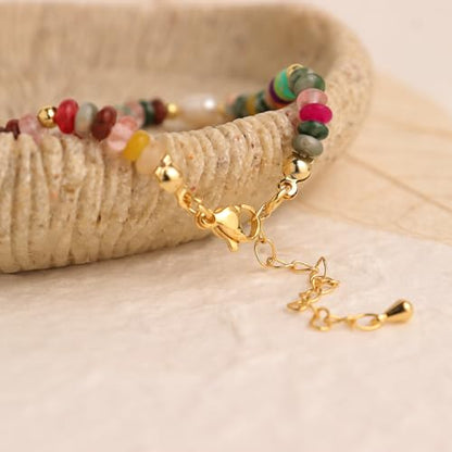 Gold Gemstone Beaded Bracelets for Women, Trendy Boho Handmade Crystal Natural Stone Beads Bracelet Summer Beach Bohemian Jewelry Gift