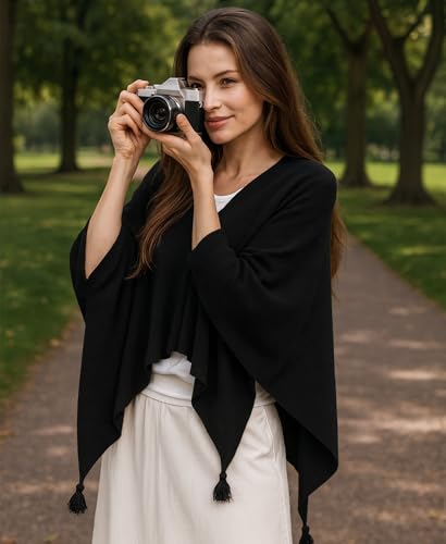 MissShorthair Knit Shawl Wraps for Women Boho Crochet Shawls Cape Open Front Cardigan - color: Black