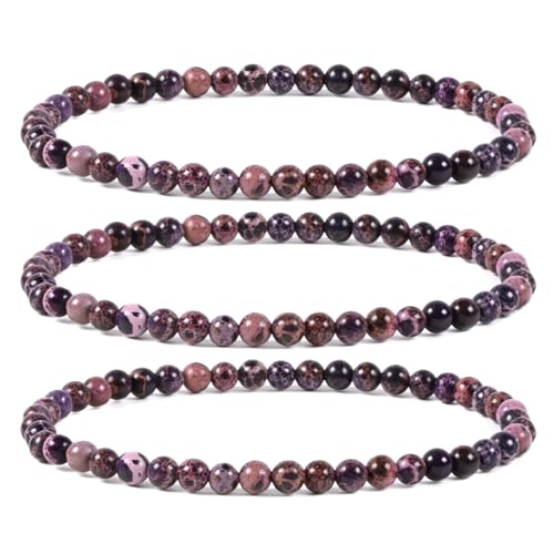 Justinstones Gem Semi Precious Gemstone 3pcs 4mm Round Beads Stretch Bracelet 6.5 Inch Unisex - color: Dyed Purple Sea Sediment Jasper