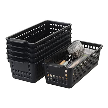 Slim Plastic Storage Baskets, Black, 6 Packs