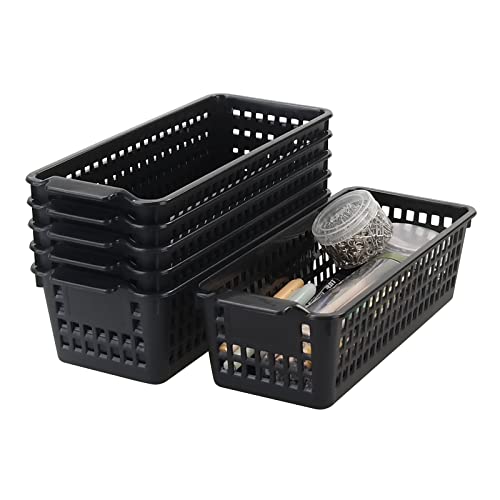 Slim Plastic Storage Baskets, Black, 6 Packs