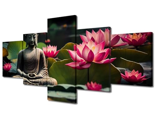 TUMOVO Wall Art Paintings Buddhist Meditates by Lotus Pond Pictures 5 Panels Prints on Canvas Zen Canvas Prints Living Room House Modern Decor Giclee Artwork Framed Ready to Hang, 50" Wx24 H - color: Artwork-01, size: 50"Wx24"H