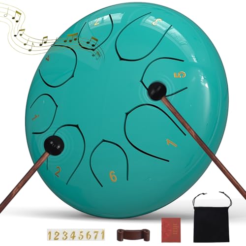Rain Drum for Outside Garden, 6 Inches 8 Notes Steel Tongue Chakra Drums, Waterproof Meditation Rain Chime, Musical Instruments for Adult Gift with Bag, Music Book, Drum Mallets (Blue) - color: Lake Blue, size: 6 Inches