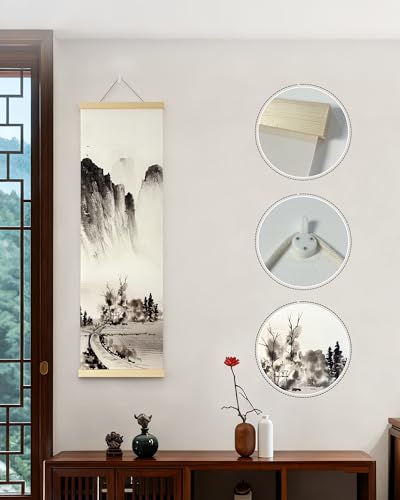TaraZen Landscape Wall Painting Set of 4 - Chinese Ink Mountain River Scroll, Vertical Asian Wall Art Decor with Wood Frame for Living Room, Bedroom & Office - style: Asian