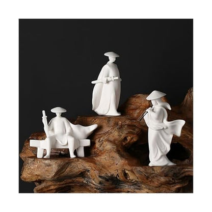 Statue Decoration White Jade Ceramics Zen Meditation Buddhism Minimalist Statue Figurine Home Decor(Flute)