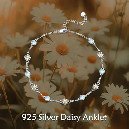 CRMAD 925 Sterling Silver Daisy/Sunflower Moonstone Anklet Daisy Flower Ankle Bracelet for Women Beach Dainty Jewelry - size: 9+2 inch, style: daisy