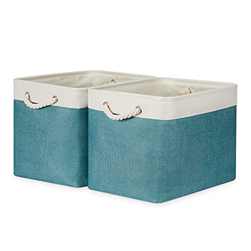 Bidtakay Foldable Storage Bins Set of 2 Tall Cloth Baskets 16" X 11.8" X 11.8" Decorative Organizers for Linen Closet (White & Teal) - color: White&Teal, size: 2 Pack-L-16x11.8x11.8 In