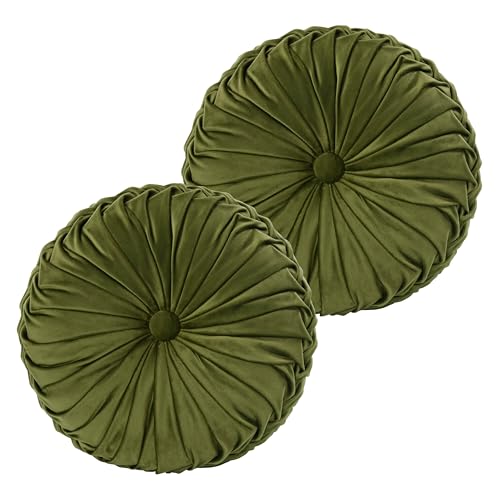 HIG Set of 2 Decorative Round Pleated Throw Pillows, Classy Accent Pumpkin Throw Pillows with Center Button, Vintage Velvet Floor Pillows for Sofa Couch Vanity Chair Bed, Olive, 14.5" Diameter(Ripple) - color: Olive