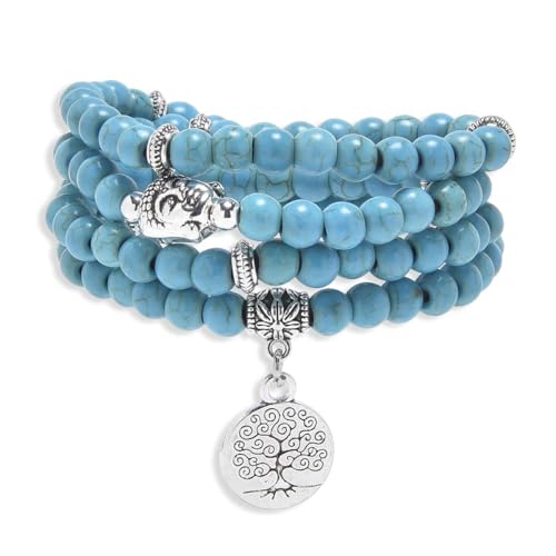 Tree of Life Charm Bracelet or Necklace - 108 Buddha Beads, Handmade Mala Meditation Jewelry, Prayer Beads for Yoga - style: Green Turquoise