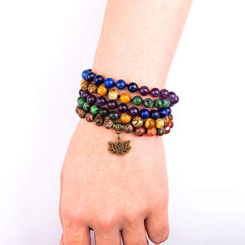 Bivei 7 Chakra 108 Mala Beads Bracelet Real Gemstone Yoga Meditation Hand Knotted Mala Prayer Bead Necklace - size: 8mm, style: # Lotus OM - 7 Chakras