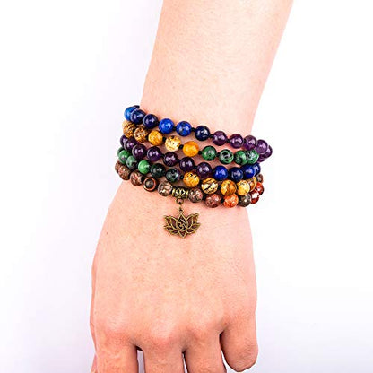 Bivei 7 Chakra 108 Mala Beads Bracelet Real Gemstone Yoga Meditation Hand Knotted Mala Prayer Bead Necklace - size: 8mm, style: # Lotus OM - 7 Chakras