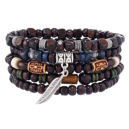 MILAKOO Mens Beaded Bracelets Tribal Wooden Elastic Adjustable Prayer Beads Wrap Cuff for Women - color: C: 5pcs
