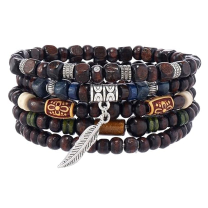 MILAKOO Mens Beaded Bracelets Tribal Wooden Elastic Adjustable Prayer Beads Wrap Cuff for Women - color: C: 5pcs