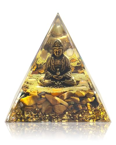 Orgone Pyramid with Healing Crystals - (Buddha, Golden) - Energy Generator for Positive Vibe, Stress Relief & Chakra Reiki Meditation - Pyramid Decor - Spiritual Gift for Success, Wealth & Prosperity - color: Colorful (Set 55)